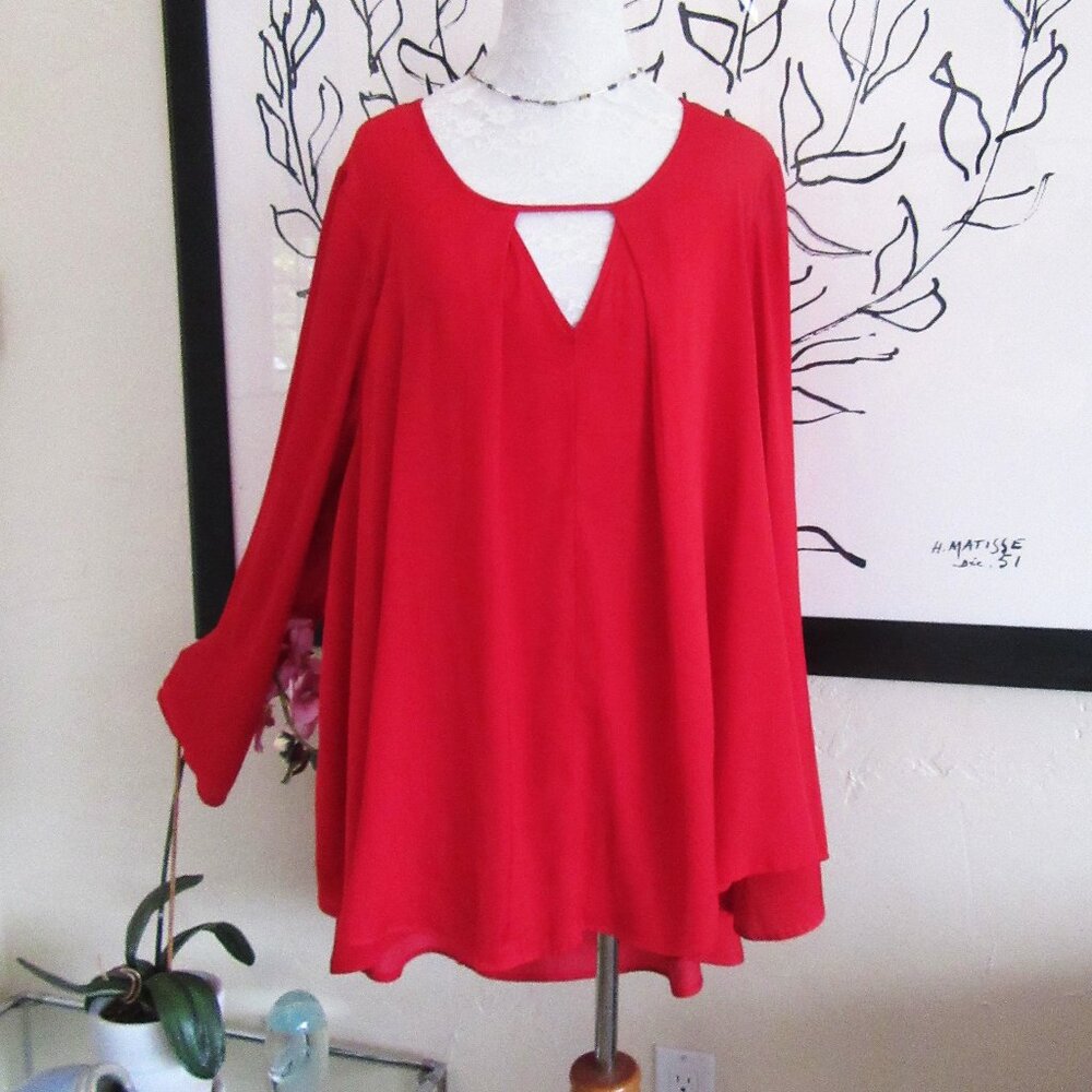 JENNIFER LOPEZ high low bright red satiny tunic shirt - 1X - long bell sleeves